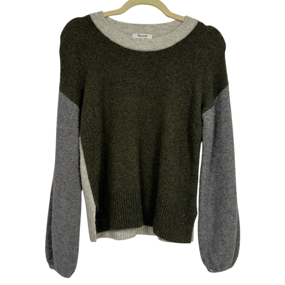Madewell Green & Tan Merino Wool & Alpaca Blend Sweater Womens XXS Ballon Sleeve